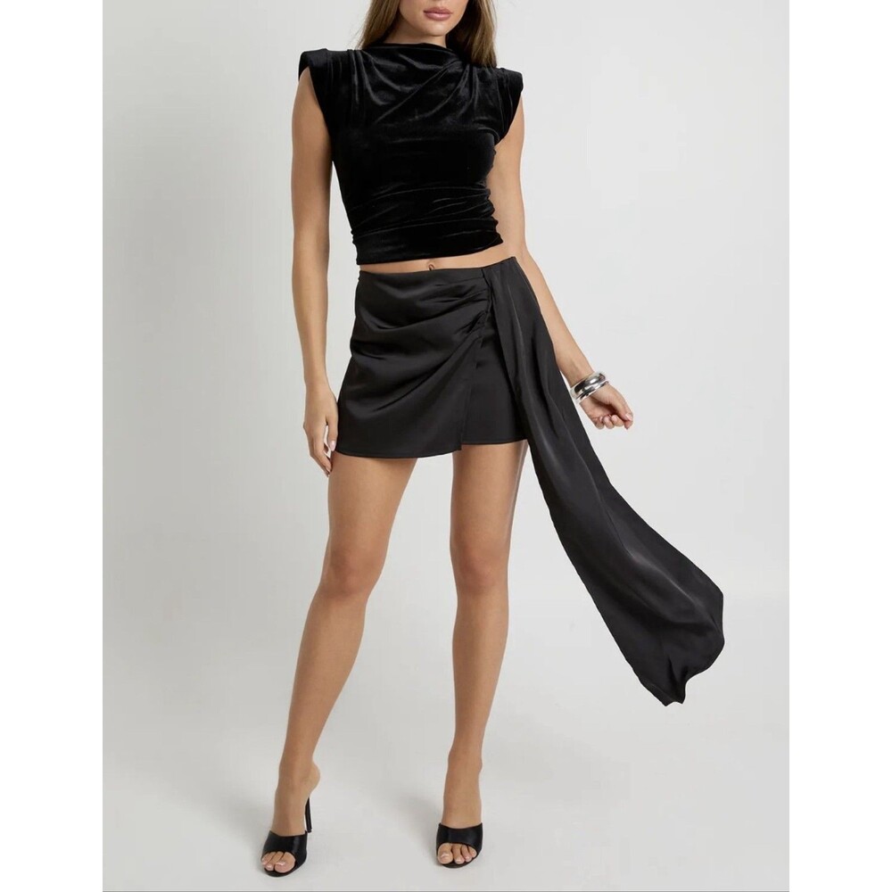 Bloomingdales Another Mode Draped Asymmetrical Satin Mini Skirt Black Size M